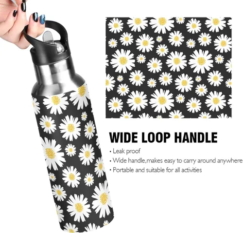 Vista 4 de Daisy - Botella de agua con tapa de popote de 22 onzas, botellas de agua de acero inoxidable aisladas al vacío, botella de agua a prueba de fugas A01