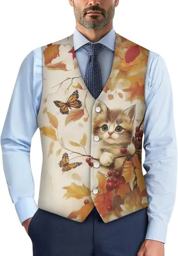 Vista 15 de TODIYADDU Chaleco de cuello en V para hombre, chaquetas de traje sin mangas Maple Leaf