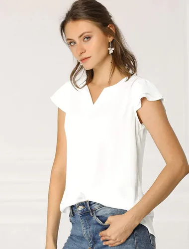 Vista 2 de Allegra K Blusa de manga casquillo corta, lisa, multiusos, para mujer
