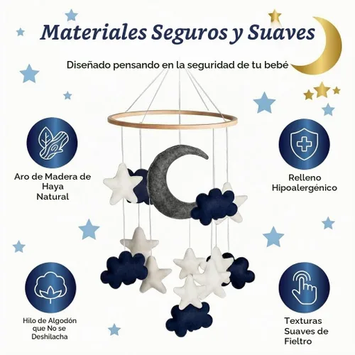 Vista 2 de Móvil para bebés - Luna azul, estrellas y nubes para cuna