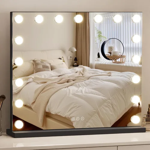 Vista 15 de Espejo de tocador con luces, espejo de maquillaje iluminado con bombillas LED regulables, 3 modos de iluminación de color, puerto de carga USB, Negro