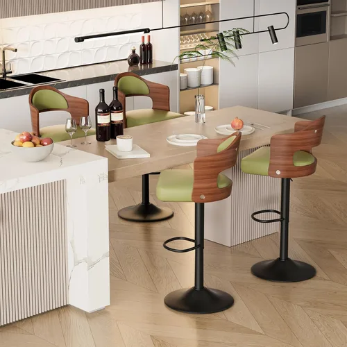 Vista 10 de Juego de 2 taburetes de bar giratorios, taburetes de bar de madera tapizados en cuero PU con respaldo y reposapiés, asiento de altura ajustable