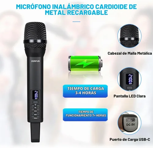 Vista 4 de Micrófono inalámbrico recargable, sistema de micrófonos de mano inalámbricos profesionales dinámicos con control de eco, agudos, graves, volumen