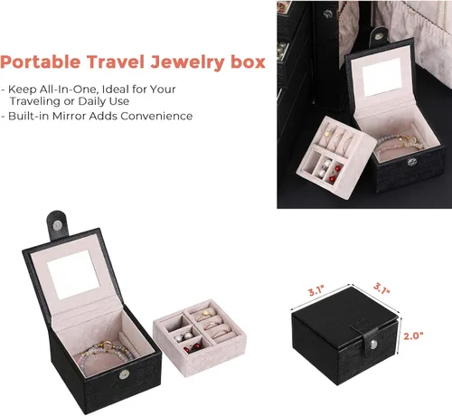 Vista 5 de ANWBROAD Caja de joyería grande de 6 niveles, organizador de joyas con cerradura de espejo, caja de joyería para niñas, aretes, anillos, collares