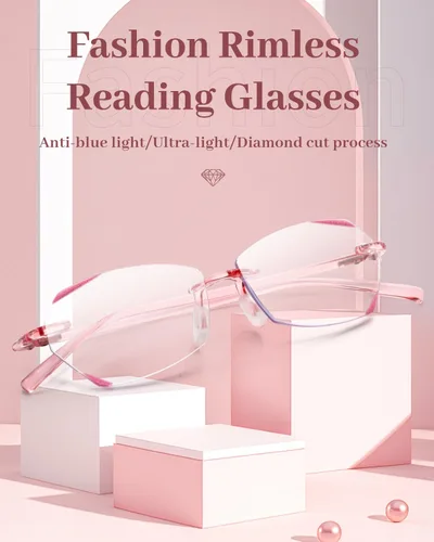 Vista 2 de LUFF Rimless Reading Glasses for Women Sparkle Lens TR90 Temple 02-rosa