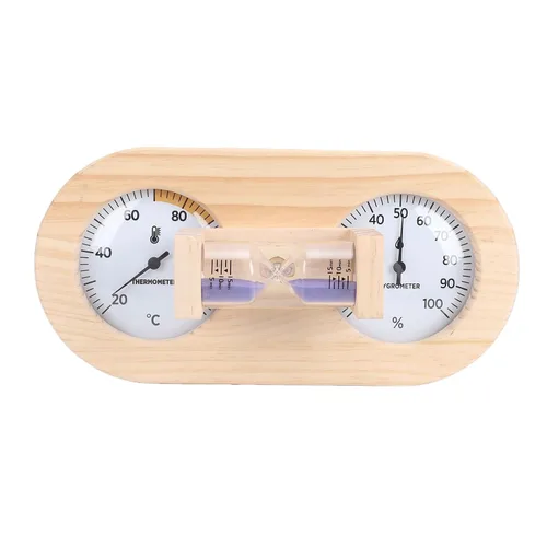 Vista 6 de Haofy Wooden Sauna Thermometer Hygrometer, Dual Dial Design with Sand Timer Function for Home and Commercial Sauna Rooms