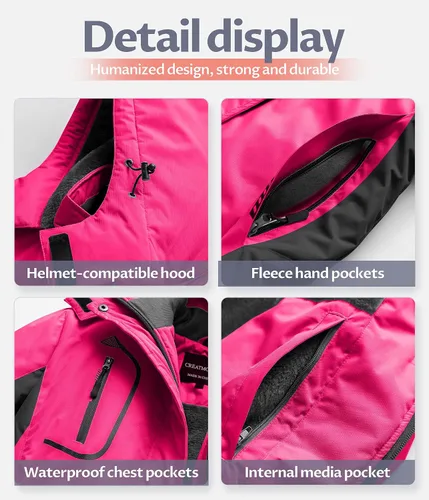Vista 7 de CREATMO US Chaqueta de esquí impermeable de montaña para mujer, resistente al viento, chaqueta de snowboard cálida para invierno