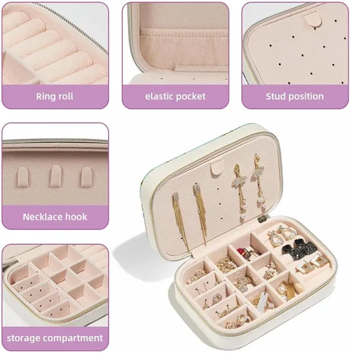 Vista 2 de Double Layer Portable Travel Mini Jewelry Case Display Storage Holder Boxes Vintage Pink Roses Romantic Blue