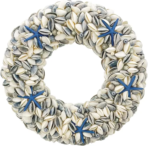 Vista 8 de Natural Seashell Wreath w/Shells, Starfish, Pearls, Sea Snails - Spring & Summer Coastal Decor Beach House Indoor Door Wreath, 18in White/Natural