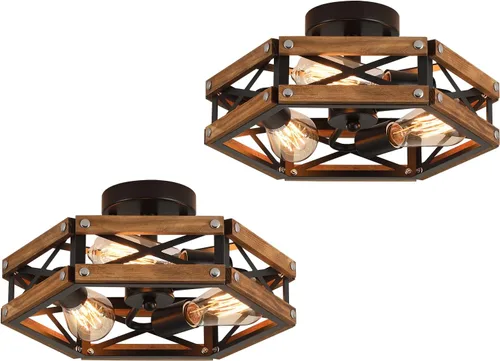 Vista 8 de Lámpara de techo de madera rústica de 3 luces, de madera de roble y jaula de metal, lámpara de techo semiempotrada para pasillo, pasillo, entrada