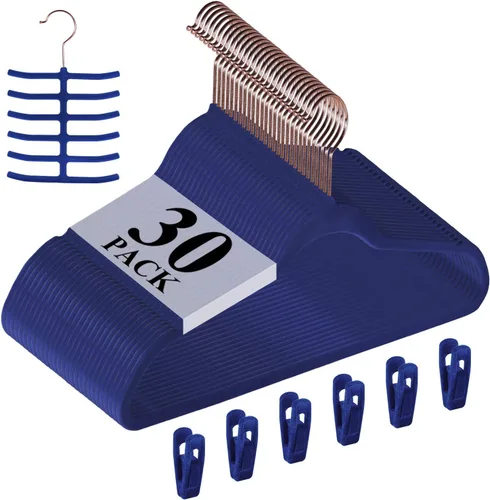 Vista 9 de VECELO Perchas de terciopelo de alta calidad resistentes (paquete de 30), antideslizantes y ahorran espacio con 6 clips para los dedos y soporte