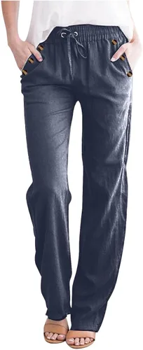 Vista 4 de Casual Pants for Women Summer Solid Color Drawstring Elastic Waist Pants Baggy Straight Leg Long Trouser with Pocket