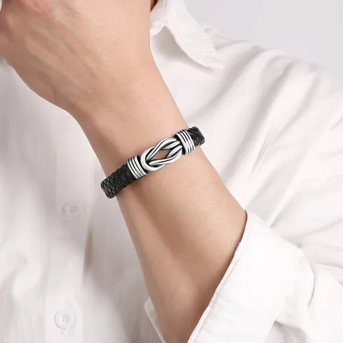 Vista 3 de Pulsera de cuero trenzado negro para hombre, papá, marido, novio, hijo, nieto, hermano, para siempre, vinculado para Navidad, cumpleaños, día