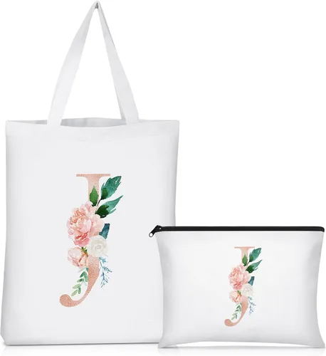 Vista 20 de Sanwuta 2 bolsas de lona con inicial, diseño floral con letras florales, bolsas de cosméticos de viaje, bolsas con monograma para mujer, mujer