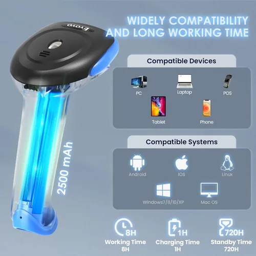 Vista 5 de Eyoyo Escáner inalámbrico 1D 2D Bluetooth, lector de código de barras QR inalámbrico de mano de 2500 mAh para biblioteca, inventario de almacén