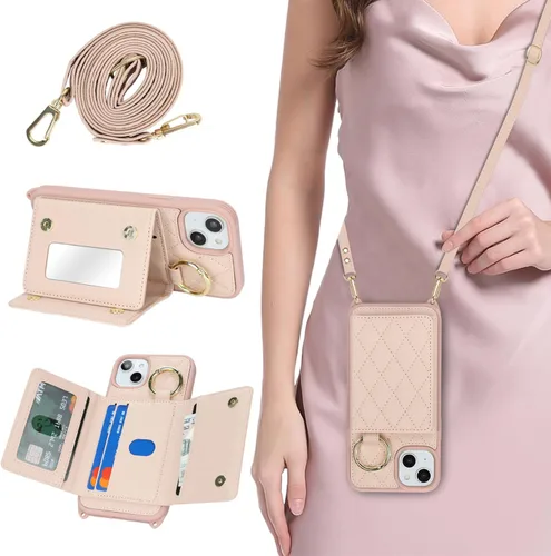 Vista 16 de Funda para iPhone 14 con tarjetero y correa para mujer, cordón cruzado, espejo de maquillaje, soporte de anillo, cierre a presión, bonitas fundas