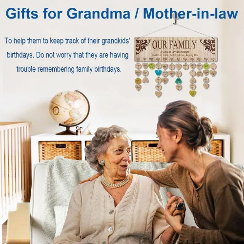 Vista 4 de Regalos de cumpleaños para abuela, tablero de calendario de cumpleaños familiar de madera para registrar cumpleaños, regalos de cumpleaños del día