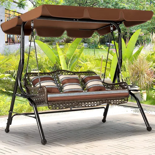 Vista 9 de AECOJOY Silla columpio de 3 asientos, columpio de patio con toldo, 2 bandejas laterales, 3 almohadas y cojín extraíble, columpio de mimbre