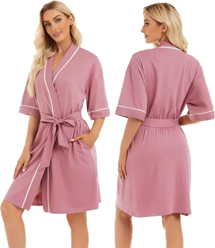 Vista 100 de COLORFULLEAF Bata de baño de manga corta para mujer, 100% algodón, longitud hasta la rodilla, con bolsillos