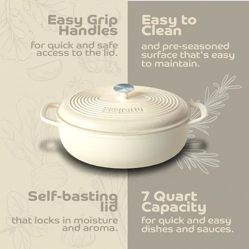 Vista 4 de Segretto Cookware Horno holandés ovalado de hierro fundido esmaltado, 7 cuartos de galón blanco Bianco Perla (Off-White)