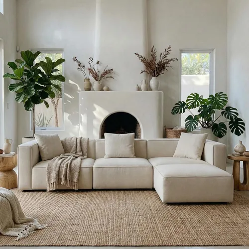 Vista 14 de Acanva Juego de Sofá Seccional Modular de Lujo para Sala de Estar, Sofá de Estilo Moderno Minimalista con Otomana y Chaise, Forma de U, Crema