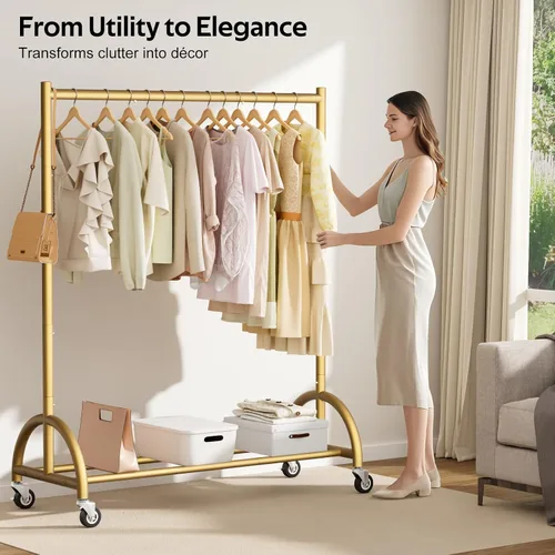 Vista 8 de MISSLO Perchero resistente con ruedas y estantes para colgar ropa con 3 estantes