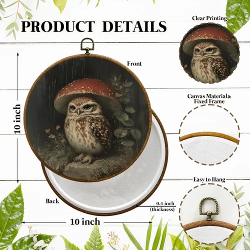 Vista 7 de JUIOEIU Decoración de pared redonda de búho de hongo con núcleo de cabaña, impresiones en lienzo enmarcadas con diseño de búho lluvioso oscuro