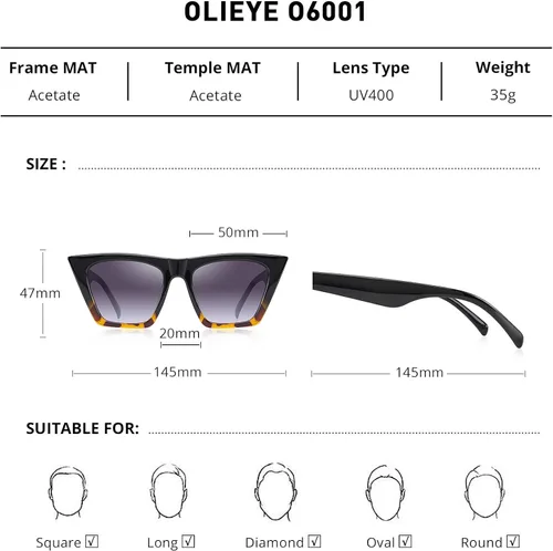 Vista 2 de OLIEYE Gafas de sol de ojo de gato cuadrado vintage mujeres moda pequeña cateye gafas de sol