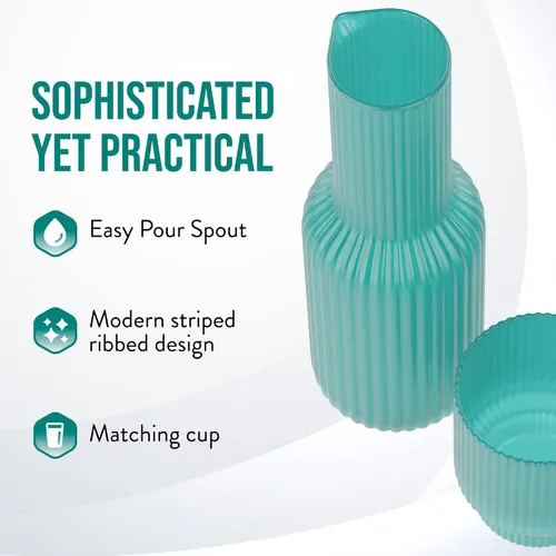 Vista 3 de American Atelier Juego de 2 jarras de agua de vidrio acanalado de 30 onzas con vaso, juego de 2 – boquilla fácil de verter de 10 pulgadas, taza
