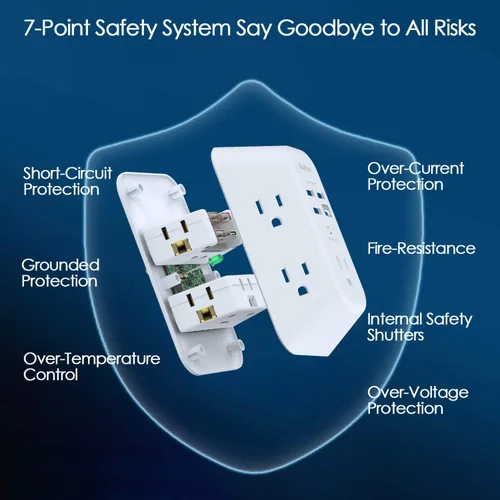 Vista 4 de Addtam cargador USB de pared con protector contra sobrecargas, extensor de 5 tomas con 4 puertos de carga USB (1 salida USB C) de 3 lados, 1800 J