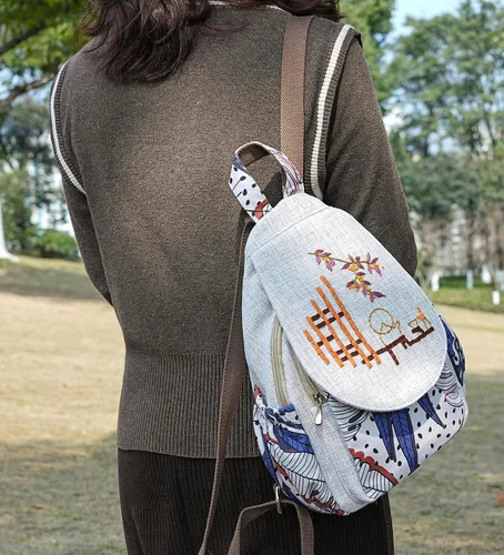 Vista 168 de HUANGGUOSHU Mochila de algodón tejida de algodón bohemio con bordado de lona estilo bohemio con múltiples bolsillos retro linda mochila cartera