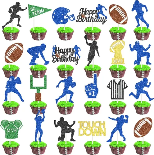 Vista 9 de 24 decoraciones de fiesta de fútbol con purpurina para cupcakes, decoración de fiesta de cumpleaños, decoración de pastel de rugby para jugadores