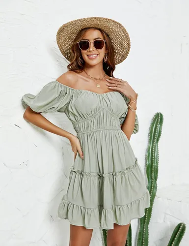 Vista 2 de Blooming Jelly Vestido babydoll para mujer, manga abombada, casual, con hombros descubiertos, vestido suelto con volantes y espalda descubierta