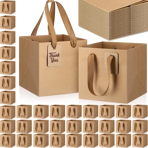 Vista 9 de Windyun 25 mini bolsas de regalo de papel con asa de 6 x 6 x 6 pulgadas, pequeñas bolsas cuadradas con etiqueta de agradecimiento para Navidad