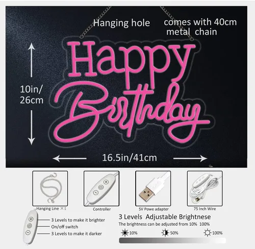 Vista 4 de Letrero de neón LED rosa de feliz cumpleaños, luz nocturna para decoración de pared, fiesta, dormitorio, habitación, bar, boda, hogar, cumpleaños