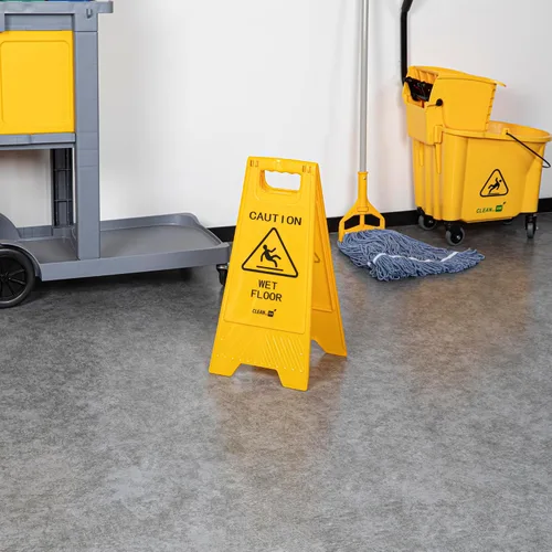 Vista 9 de Restaurantware RW Clean 11.8 x 2 x 24.4 pulgadas, 1 letrero de precaución de doble cara, mango integrado, plegable, de plástico, amarillo, para uso