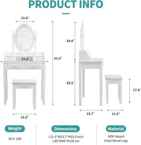 Vista 6 de SkiPack NA - Juego de mesa de tocador con 4 cajones, tocador de maquillaje con taburete acolchado, juego de muebles de dormitorio para niñas y Blanco