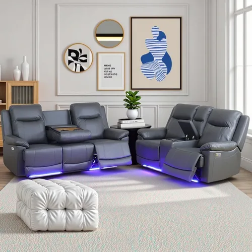 Vista 11 de Air Leather - Juego de sofá reclinable eléctrico con LED, juegos de muebles de sala de estar, juego de sofá reclinable eléctrico con puertos USB