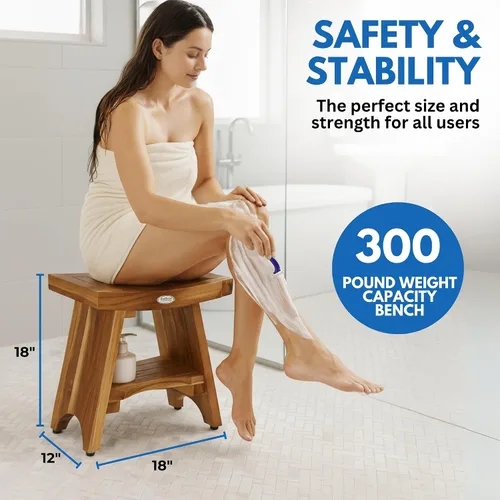 Vista 4 de EcoDecors Banco de ducha de teca con estante de 18", capacidad de 300 lb – Asiento de spa de madera impermeable completamente ensamblado