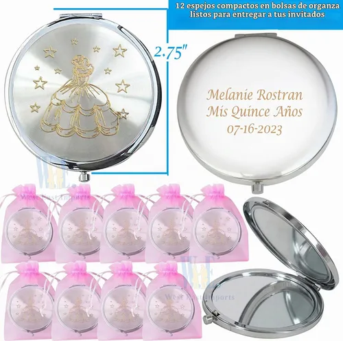 Vista 2 de WE Personalizado Quinceañera Compacto Espejo Favores (12 PCS) Rosa