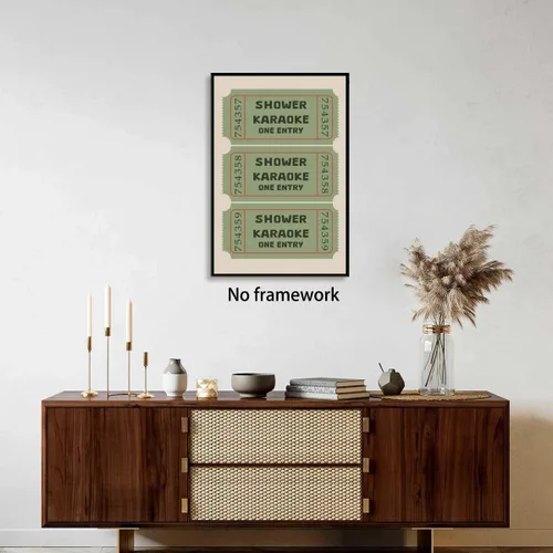 Vista 3 de Divertido arte de pared para baño, vintage, ducha, karaoke, boletos, impresión en lienzo, cuadro de signo de baño funk, imagen verde salvia