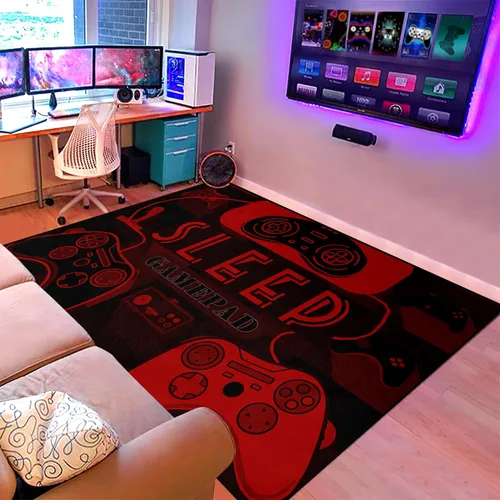Vista 2 de Alfombra de gaming para gamers, alfombras de suelo para niños, alfombra roja y negra para gaming, dormitorio, tapetes de suelo, felpudos, alfombra