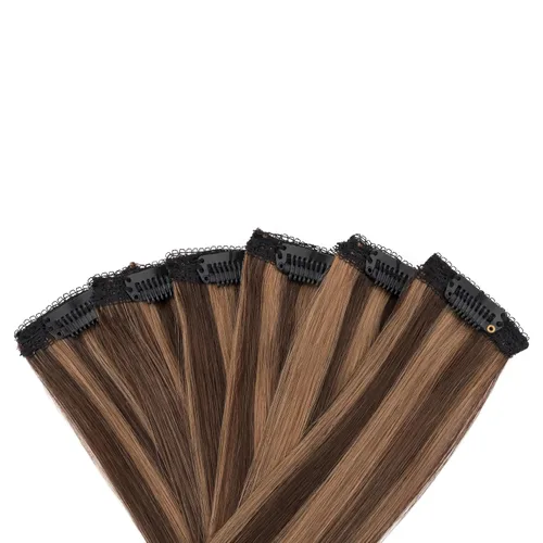 Vista 15 de 6 extensiones de cabello real con 6 clips, cabello ondulado de 10 pulgadas, color marrón oscuro