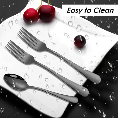 Vista 6 de findTop - Juego de 12 tenedores y cucharas de acero inoxidable chapados en negro, tenedores resistentes (8 pulgadas) y cucharas (7 pulgadas)