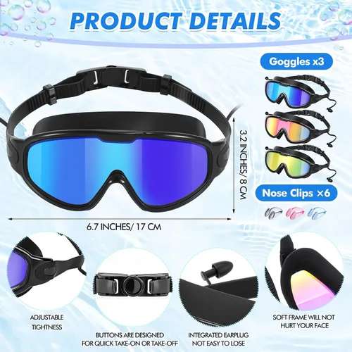 Vista 2 de Konohan Paquete de 3 gafas de natación para adultos, gafas anchas sin fugas, antiniebla, con clips para la nariz, tapones para los oídos