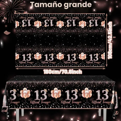 Vista 3 de GREHUMOR 3 manteles de fiesta de cumpleaños número 13 para niñas, color oro rosa, suministros de fiesta de cumpleaños de 13 años, cubierta de mesa