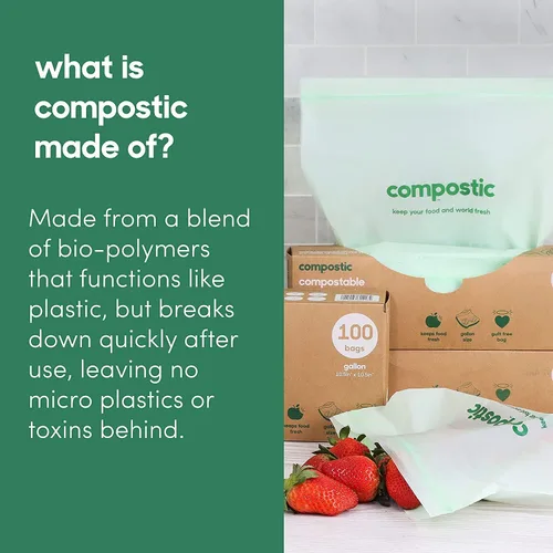 Vista 8 de Compostic Bolsas compostables de galón (60 unidades) Paquete de iniciación – Sellado con cremallera resellable, a base de plantas, compostables