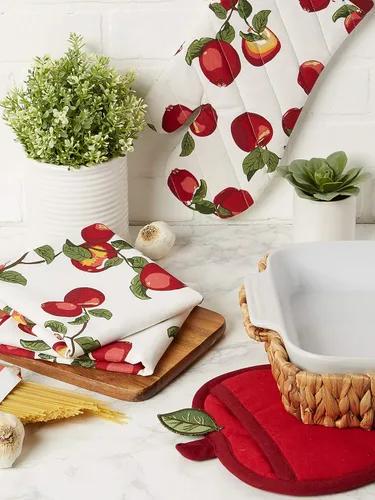 Vista 5 de DII Colección Juego de Regalo de Cocina, Agarrador de Ollas, Guante de Horno y 2 Toallas de Cocina, Huerto de Manzanas, 4 Piezas