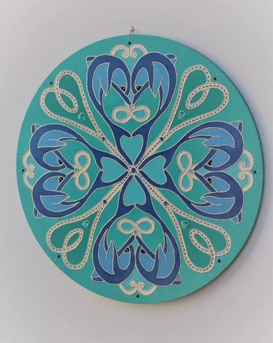 Vista 7 de Turquoise Teal Blue Dolfin Mandala Wall Hanging, Original Round Art Painting with Dolphins, Hand Painted Coastal Home Decor with Ocean Vibes