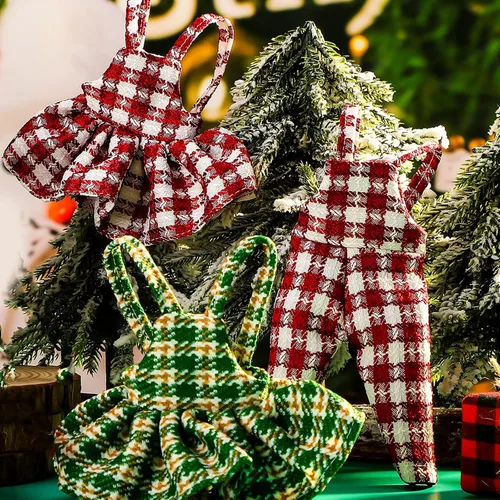 Vista 6 de Hungdao 4 piezas de ropa de muñeca de Navidad, accesorios de Navidad, ropa de muñeca, vestido a cuadros rojo y verde, trajes de vacaciones
